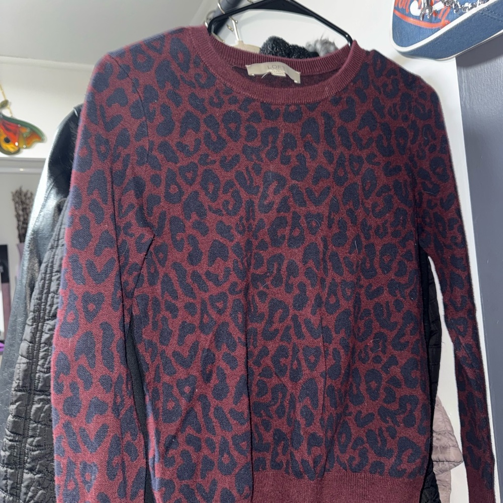 Loft Leopard Print Sweater/Burgundy and Black